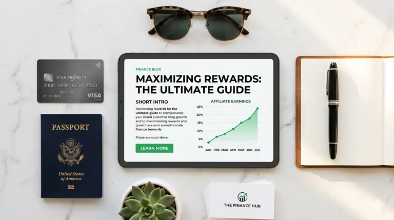 image of a credit card, passport, sunglasses, pen and a chart with uptrend graph