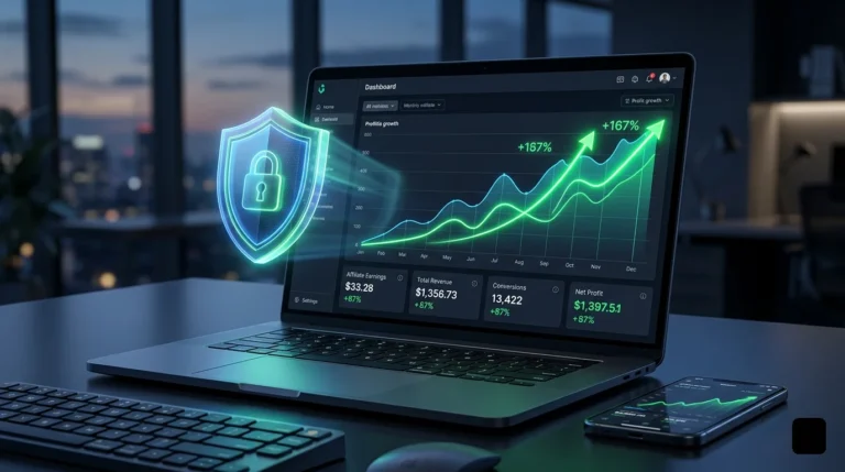 A close-up photograph in a modern, blurred office at night features a laptop displaying an analytics dashboard with dramatic, upward-trending green charts and financial figures. Floating beside the screen is a glowing, holographic shield icon with a padlock, symbolizing digital security and VPN protection. A smartphone is also present.