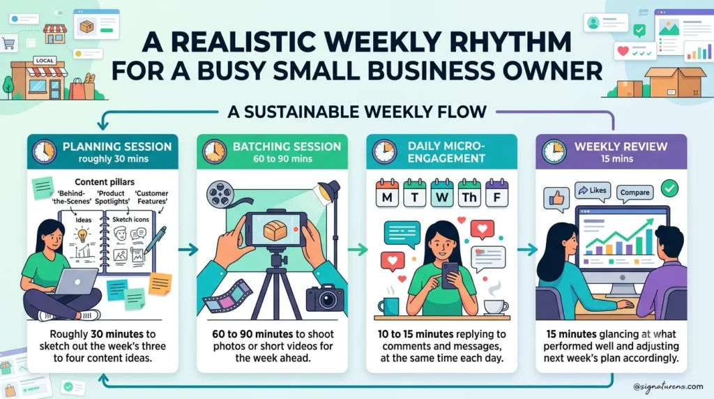 An infographic depicting a four-step weekly social media workflow for small business owners: planning, batching content, daily engagement, and weekly review.