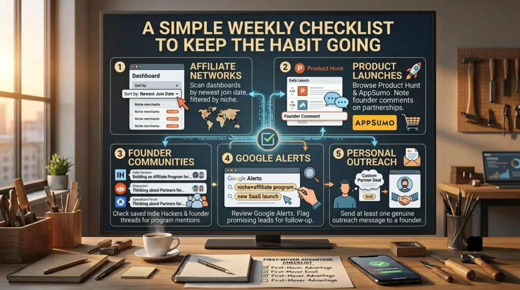 Infographic titled "A Simple Weekly Checklist to Keep the Habit Going," displaying five tasks on a desktop monitor: scanning affiliate dashboards, checking launch platforms, reviewing founder threads, checking Google Alerts, and sending personal outreach.