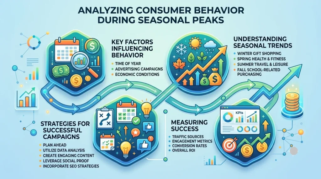 An infographic titled "ANALYZING CONSUMER BEHAVIOR DURING SEASONAL PEAKS" featuring a winding green timeline arrow connecting four detailed, color-coded circular and hexagonal modules