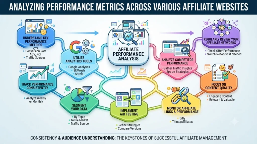 An infographic titled "ANALYZING PERFORMANCE METRICS ACROSS VARIOUS AFFILIATE WEBSITES" presented as a branching flowchart. A central "AFFILIATE PERFORMANCE ANALYSIS" hub connects to eight hexagonal modules