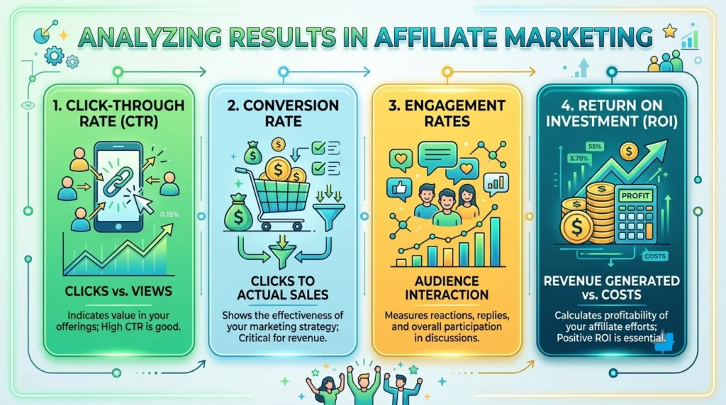 A colorful four-column infographic titled "ANALYZING RESULTS IN AFFILIATE MARKETING" illustrating key performance metrics: "Click-Through Rate (CTR)", "Conversion Rate", "Engagement Rates", and "Return on Investment (ROI)" with clean icons and brief explanatory descriptions.