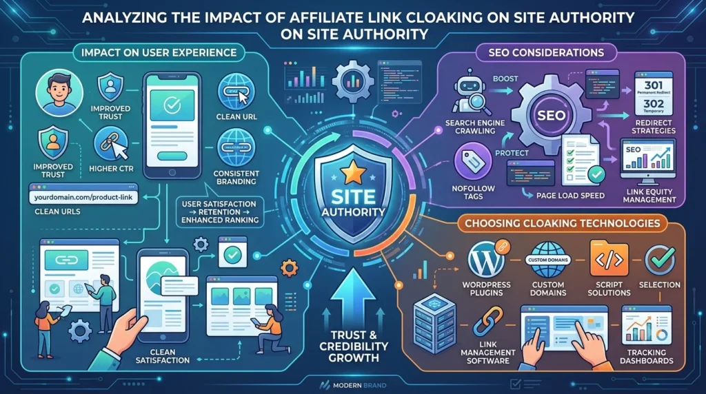 Infographic analyzing the impact of affiliate link cloaking on site authority, divided into user experience, SEO considerations, and cloaking technologies.