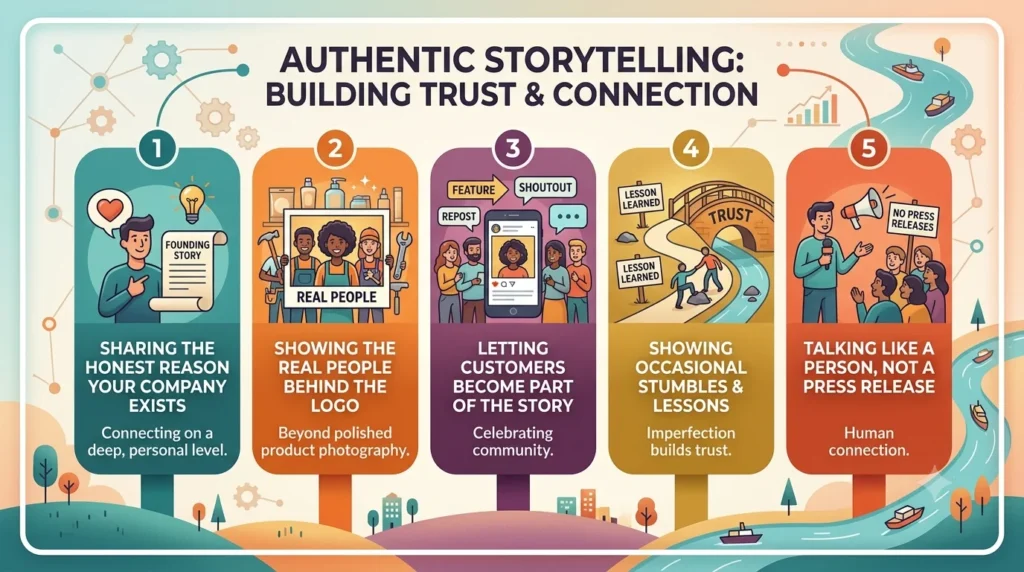 An infographic illustrating five strategies for authentic business storytelling to build trust and community connection.