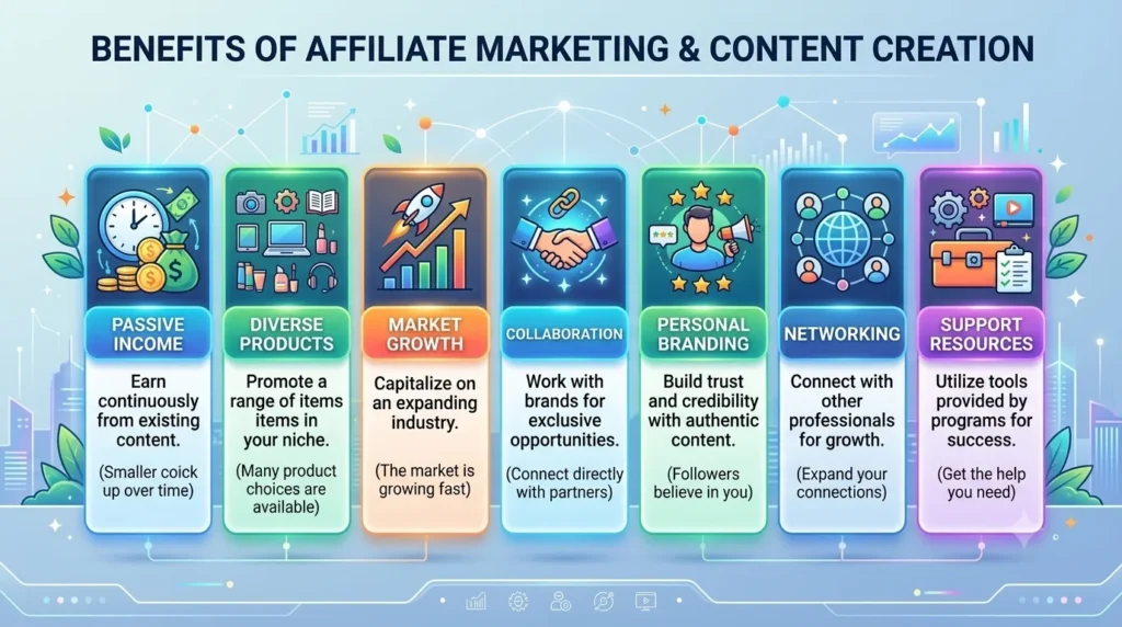 An infographic titled "Benefits of Affiliate Marketing & Content Creation" features seven colorful, illustrated panels in a 16:9 layout, highlighting advantages such as passive income, diverse products, market growth, and personal branding, set against a modern light blue gradient background.