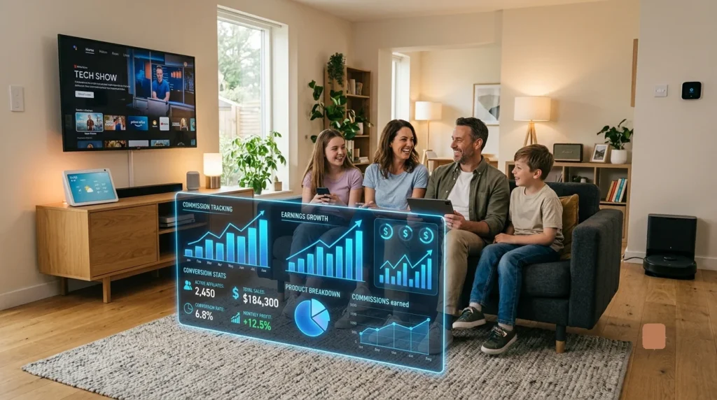 Family in connected home with glowing earnings data hologram.