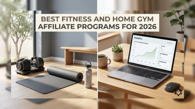 A 16:9 split-screen image titled "Best Fitness and Home Gym Affiliate Programs For 2026." The left side shows a minimalist home gym with a rolled-out gray yoga mat, adjustable dumbbells, and a stainless steel water bottle on a light wood floor. The right side features an open laptop on a wooden desk displaying an upward-trending affiliate revenue analytics graph.