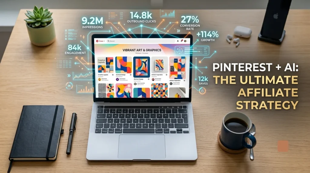 Top-down view of a modern laptop on a wooden desk displaying a colorful Pinterest feed with glowing holographic marketing analytics, paired with a clean text overlay reading "Pinterest + AI: The Ultimate Affiliate Strategy."