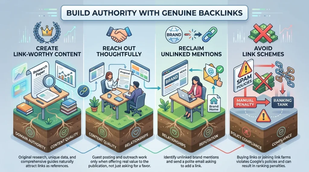 A modern infographic titled "BUILD AUTHORITY WITH GENUINE BACKLINKS" displaying four columns: CREATE LINK-WORTHY CONTENT, REACH OUT THOUGHTFULLY, RECLAIM UNLINKED MENTIONS, and AVOID LINK SCHEMES, with detailed isometric illustrations and explanatory text for each step.