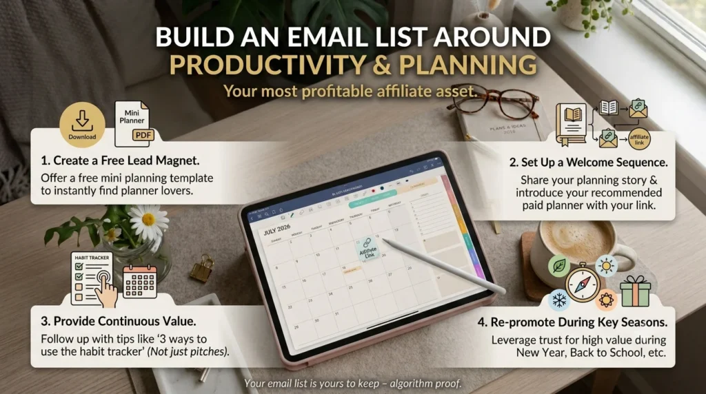 Infographic on how to build an email list around productivity and planning using affiliate marketing strategy.