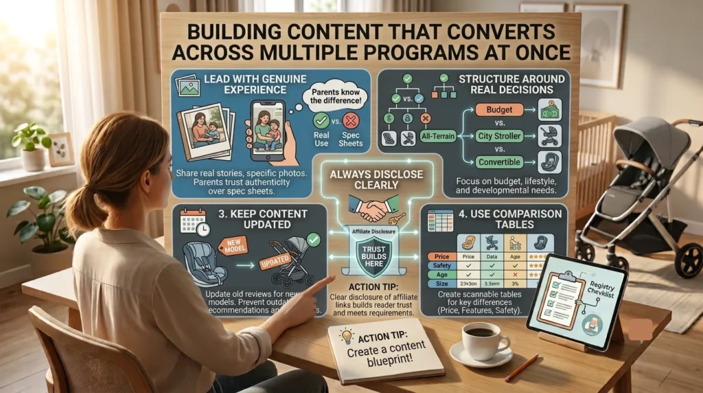 A woman in a nursery-themed home office views a large infographic about creating high-converting affiliate content. The display covers four main points