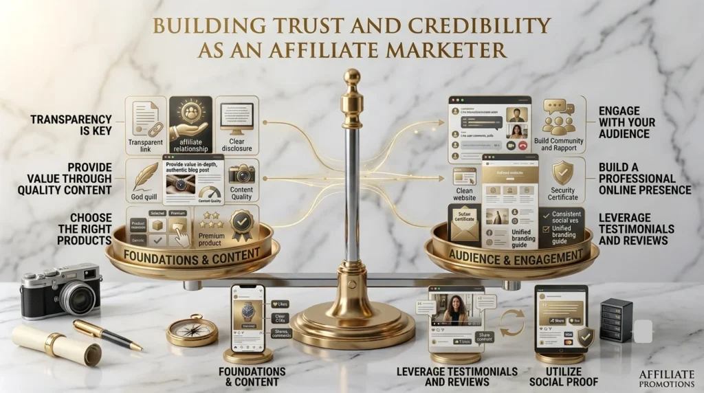 A luxury 16:9 infographic titled "BUILDING TRUST AND CREDIBILITY AS AN AFFILIATE MARKETER" set on a white marble surface, featuring a balanced brass scale that outlines seven core strategies split across Foundations & Content, Audience & Engagement, and Credibility Execution.