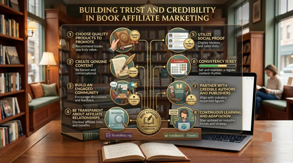A detailed 16:9 infographic titled "BUILDING TRUST AND CREDIBILITY IN BOOK AFFILIATE MARKETING" presented on a desk inside a warm, mahogany bookstore.