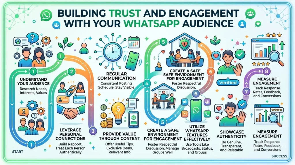 A clean digital infographic titled "BUILDING TRUST AND ENGAGEMENT WITH YOUR WHATSAPP AUDIENCE" that displays an eight-step connected path with icons, short descriptions, and numbers, showing strategies such as "Understand Your Audience," "Provide Value Through Content," and "Measure Engagement," with a modern, glowing color scheme.