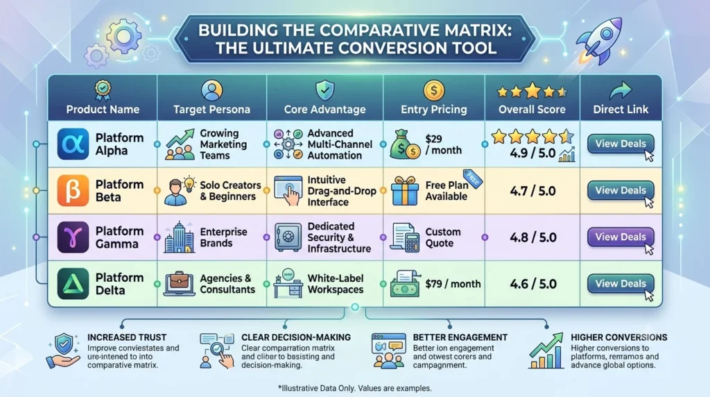 Infographic showing a comparison matrix of four digital platforms: Platform Alpha, Beta, Gamma, and Delta.