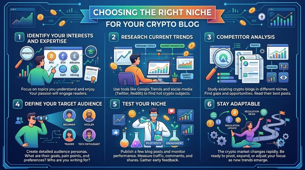 n infographic titled "Choosing the Right Niche for Your Crypto Blog" divided into a six-step grid. Each step features a colorful vector illustration and a short explanation: 1) Identify Your Interests and Expertise, 2) Research Current Trends, 3) Competitor Analysis, 4) Define Your Target Audience, 5) Test Your Niche, and 6) Stay Adaptable.