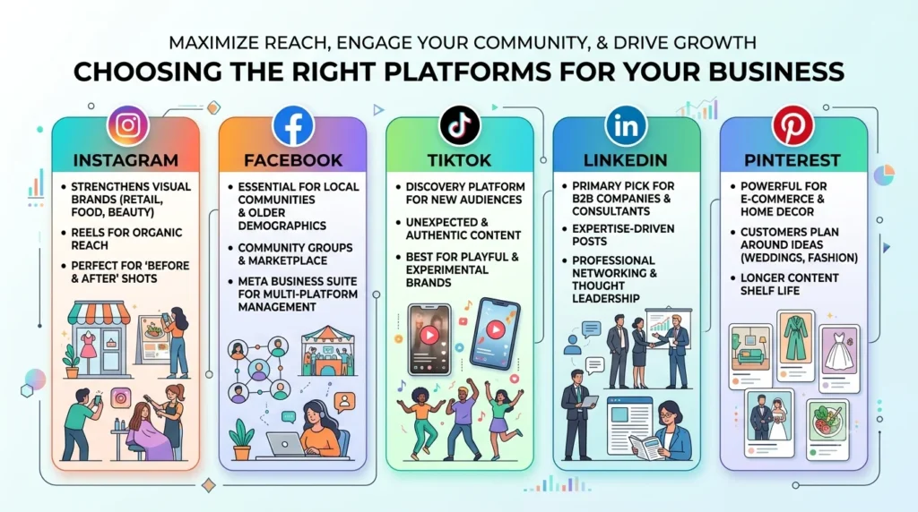 An infographic comparing Instagram, Facebook, TikTok, LinkedIn, and Pinterest as business platforms.