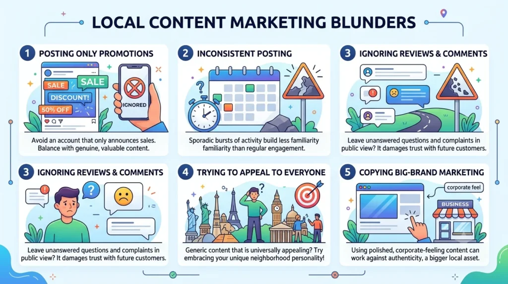 An infographic titled "Local Content Marketing Blunders" listing five mistakes: Posting only promotions, inconsistent posting, ignoring reviews and comments, trying to appeal to everyone, and copying big-brand marketing.