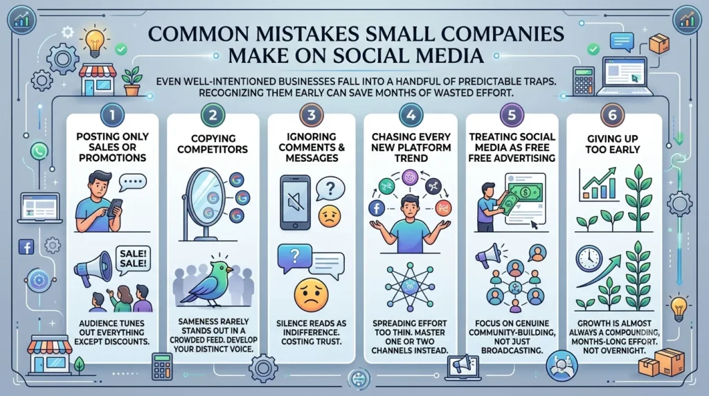 An infographic outlining six common social media mistakes small businesses make and how to avoid them.