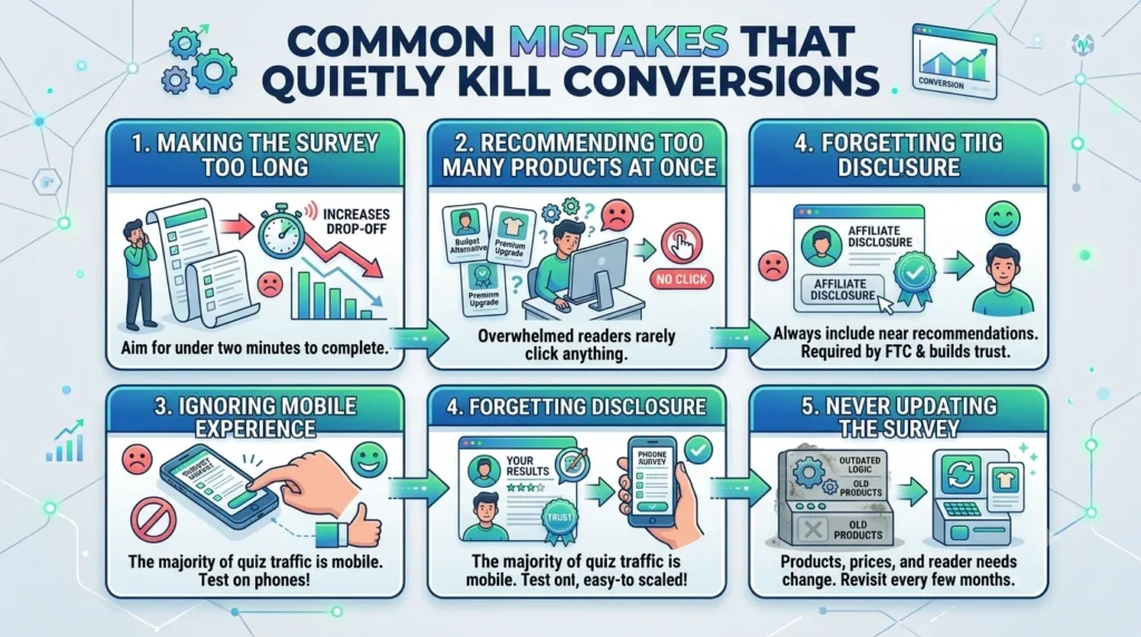 An infographic titled "COMMON MISTAKES THAT QUIETLY KILL CONVERSIONS" highlighting five key errors: making surveys too long, recommending too many products, ignoring mobile optimization, forgetting affiliate disclosures, and failing to update survey content over time.