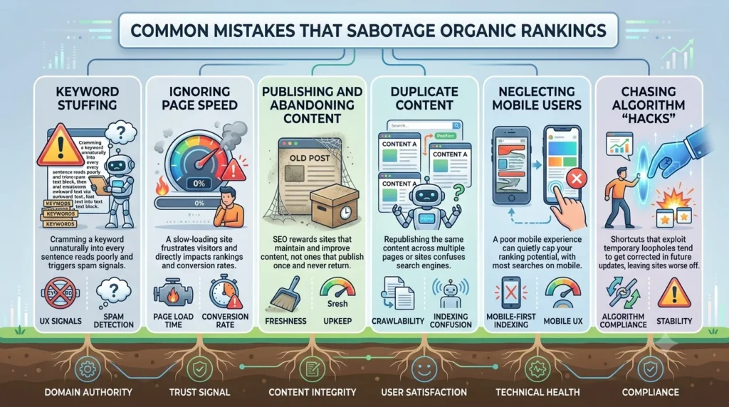 An infographic titled "COMMON MISTAKES THAT SABOTAGE ORGANIC RANKINGS" showing six columns: Keyword Stuffing, Ignoring Page Speed, Publishing and Abandoning Content, Duplicate Content, Neglecting Mobile Users, and Chasing Algorithm "Hacks," each with explanatory text and illustrations.