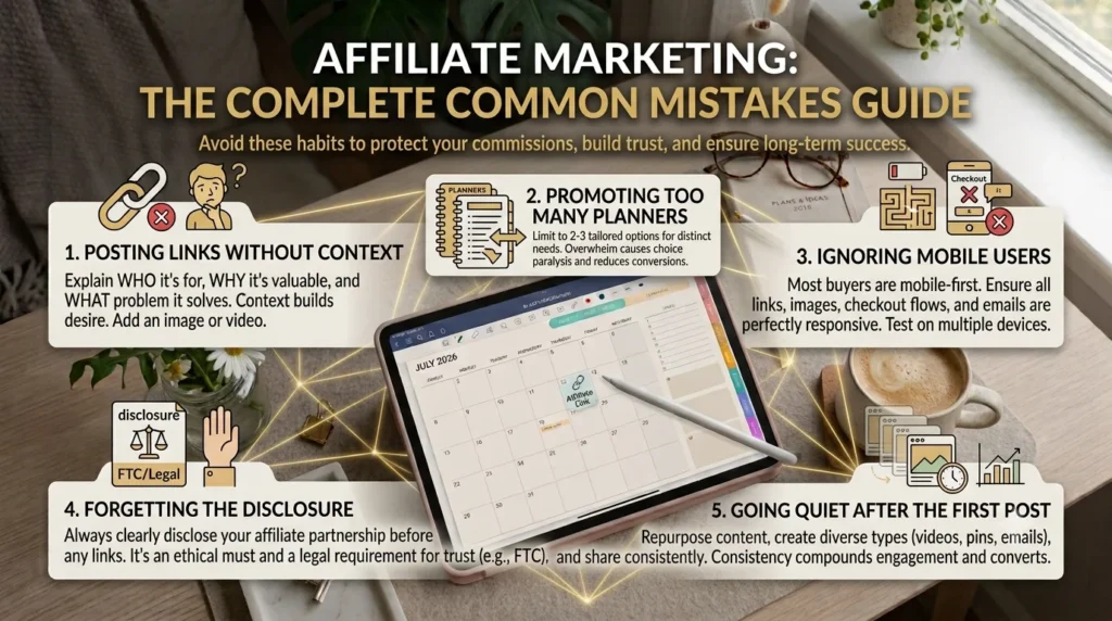Infographic outlining common affiliate marketing mistakes to avoid for long-term success.