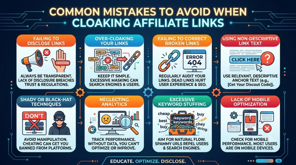 Infographic outlining eight common affiliate link cloaking mistakes to avoid, including non-disclosure, over-cloaking, broken links, black-hat tactics, and poor mobile optimization.