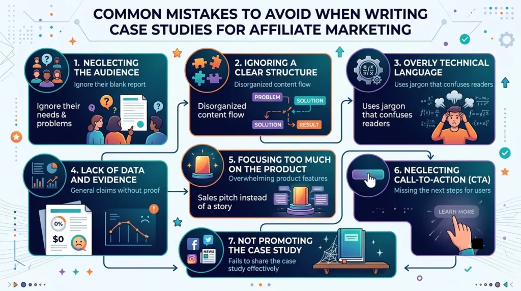 A 16:9 infographic with a title "COMMON MISTAKES TO AVOID WHEN WRITING CASE STUDIES FOR AFFILIATE MARKETING" against a digital gradient background. It outlines seven numbered panels in two rows.