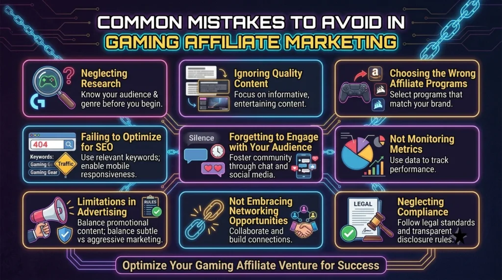 An infographic layout detailing marketing pitfalls, featuring nine neon-framed panels with relevant icons and descriptions under the title "Common Mistakes to Avoid in Gaming Affiliate Marketing" on image