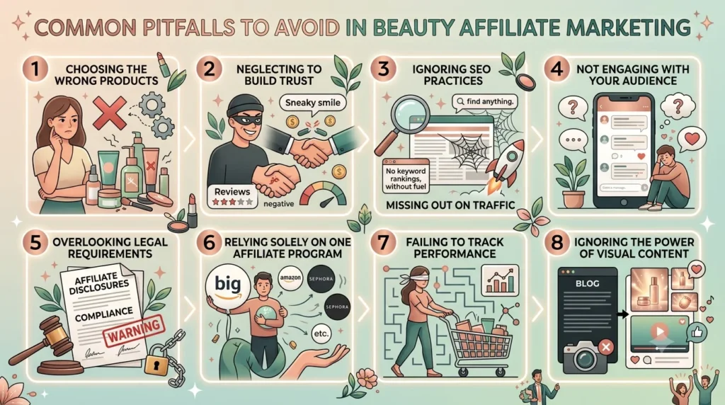 An infographic titled "Common Pitfalls to Avoid in Beauty Affiliate Marketing," displaying eight numbered boxes arranged in two rows, each featuring a specific marketing mistake with a cartoon illustration, on a soft pastel background