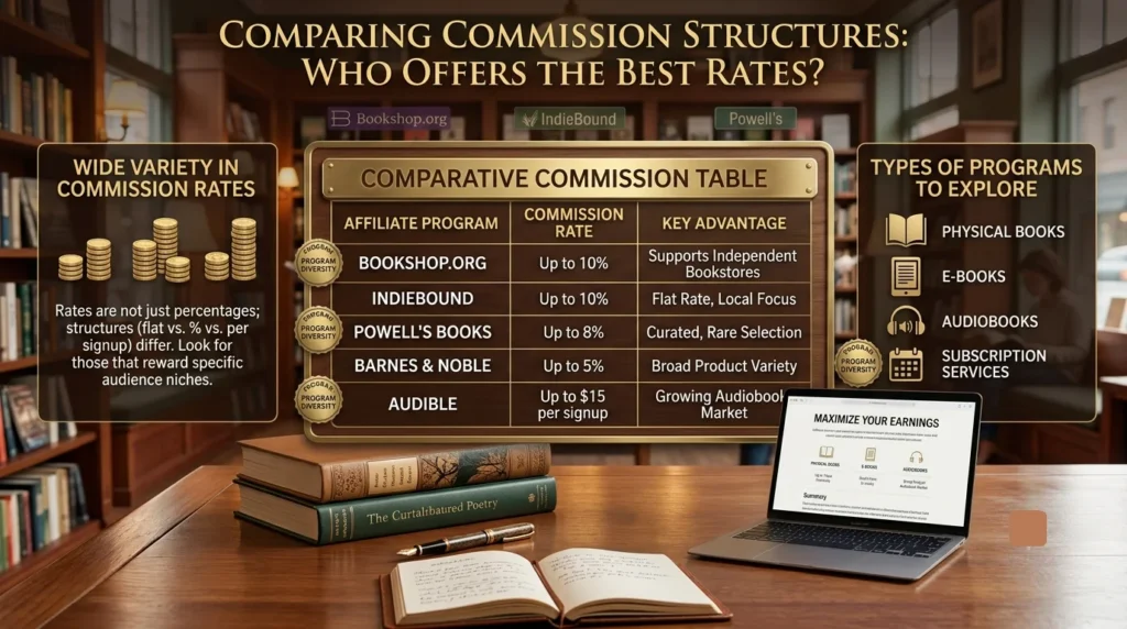 A detailed 16:9 infographic titled "COMPARING COMMISSION STRUCTURES: WHO OFFERS THE BEST RATES?" presented on a wooden desk in a cozy bookstore setting. The image features a central table comparing commission rates and key advantages for Bookshop.org, IndieBound, Powell’s Books, Barnes & Noble, and Audible