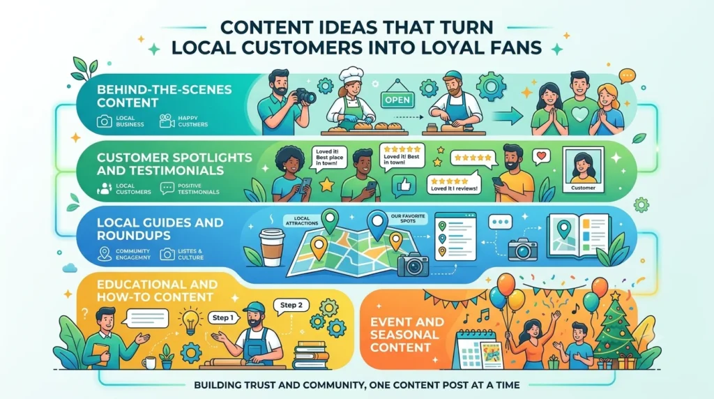 Infographic illustrating five content strategy ideas for local businesses: Behind-the-Scenes, Customer Spotlights, Local Guides, Educational Content, and Event and Seasonal Content.