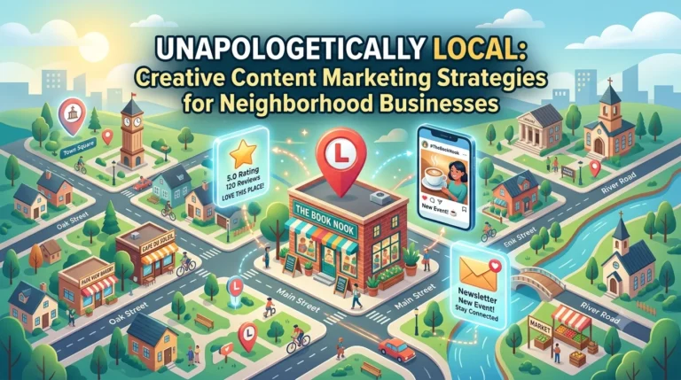 Isometric neighborhood map featuring a local store marked with a pin, surrounded by glowing digital icons and title text.