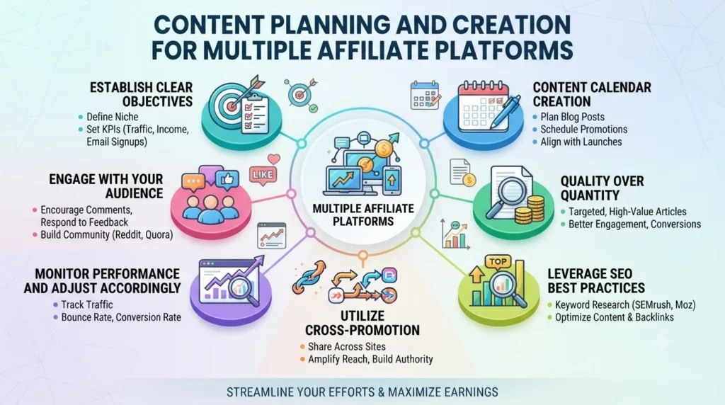 An infographic titled "CONTENT PLANNING AND CREATION FOR MULTIPLE AFFILIATE PLATFORMS" with seven interconnected modules: Establish Clear Objectives, Content Calendar Creation, Quality Over Quantity, Leverage SEO Best Practices, Utilize Cross-Promotion, Monitor Performance, and Engage with Your Audience.