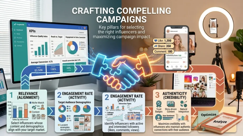 An infographic titled 'CRAFTING COMPELLING CAMPAIGNS' highlighting three core pillars for influencer selection