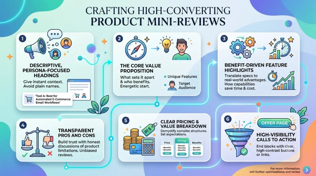 Infographic detailing six key steps for crafting high-converting product mini-reviews.