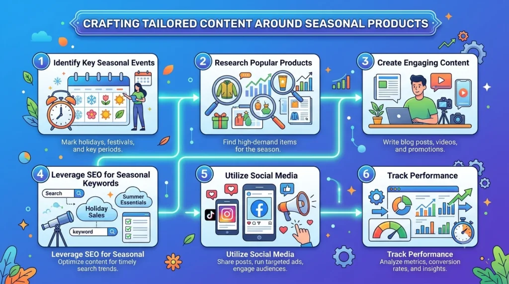 An infographic titled "Crafting Tailored Content Around Seasonal Products" outlining a 6-step process workflow in a 16:9 aspect ratio with a blue and purple gradient background.