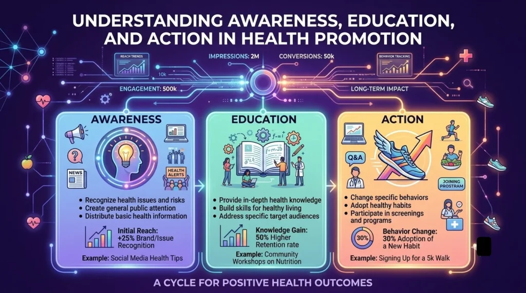 An infographic titled "Understanding Awareness, Education, and Action in Health Promotion" outlining a three-stage cycle for positive health outcomes with detailed text points, circuit line graphics, and colorful illustrative icons for each phase.