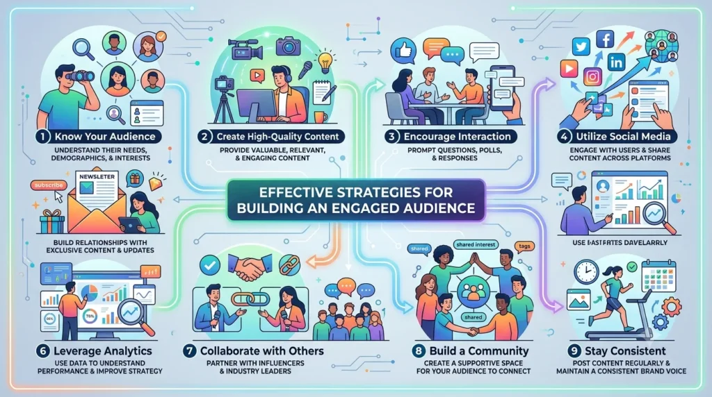 A central title, "EFFECTIVE STRATEGIES FOR BUILDING AN ENGAGED AUDIENCE," is surrounded by nine numbered panels. Each panel includes a graphic and brief description