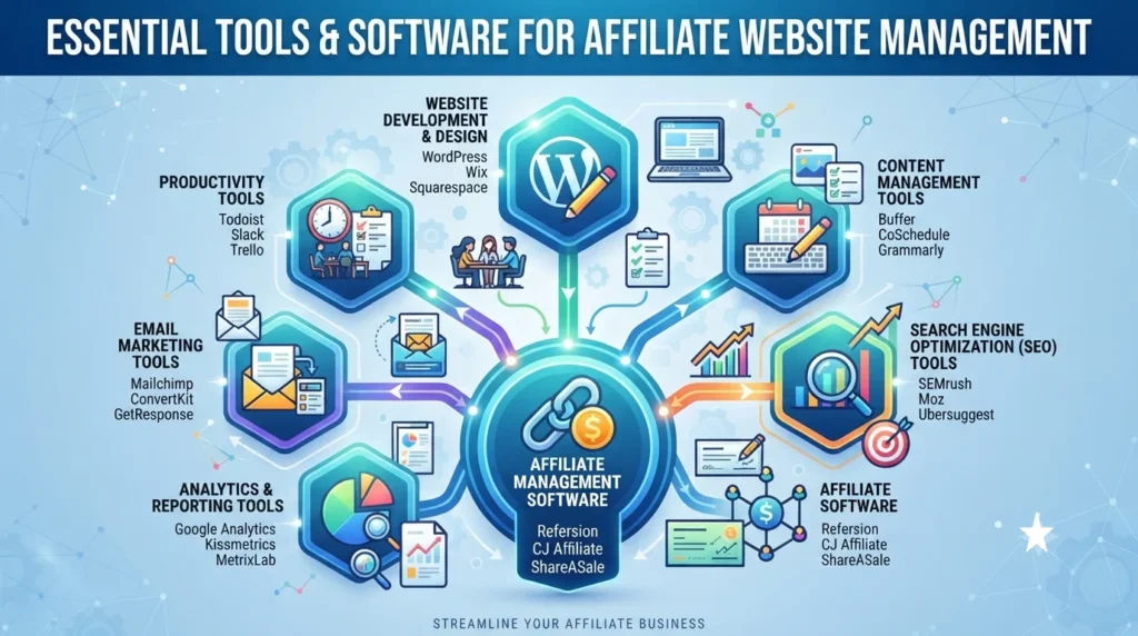 An infographic titled "ESSENTIAL TOOLS & SOFTWARE FOR AFFILIATE WEBSITE MANAGEMENT" arranged in a central hub-and-spoke design. Seven hexagonal modules surround a central "AFFILIATE MANAGEMENT SOFTWARE" hub