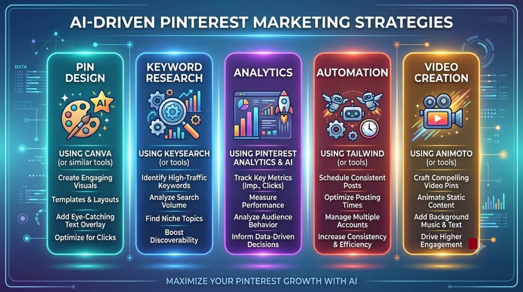 An infographic titled "AI-Driven Pinterest Marketing Strategies" highlighting five pillars: Pin Design, Keyword Research, Analytics, Automation, and Video Creation, each with illustrative icons and action steps.