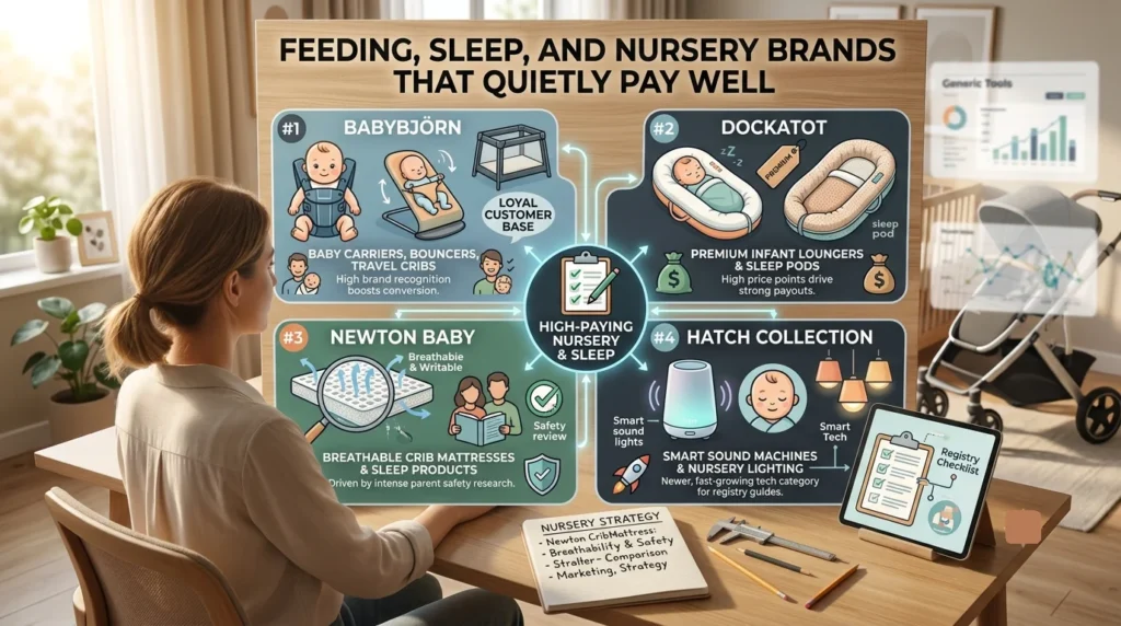 Infographic titled "Feeding, Sleep, and Nursery Brands That Quietly Pay Well," highlighting four top affiliate brands: BabyBjΓΆrn, DockATot, Newton Baby, and Hatch Collection.