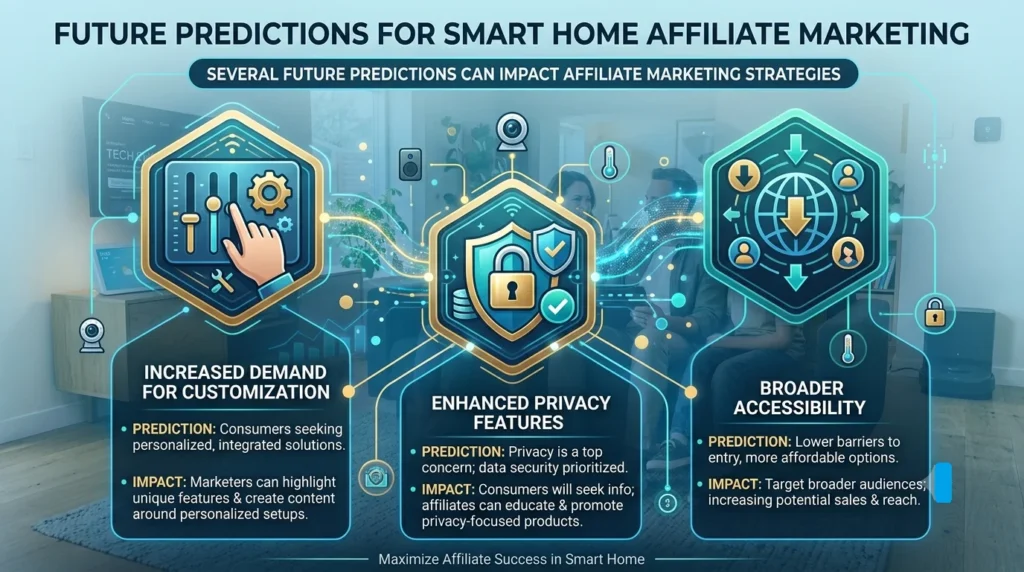 Infographic showing three future predictions for smart home affiliate marketing: customization, enhanced privacy features, and broader accessibility.