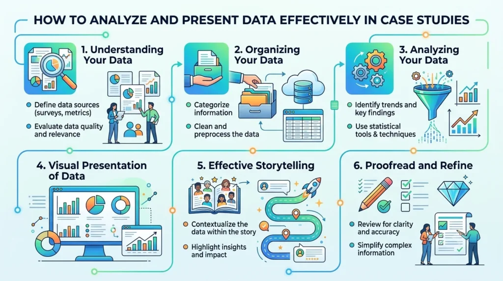 An infographic in a 16:9 ratio titled "HOW TO ANALYZE AND PRESENT DATA EFFECTIVELY IN CASE STUDIES." It details a six-step process using colored icons, bullet points, and connecting lines