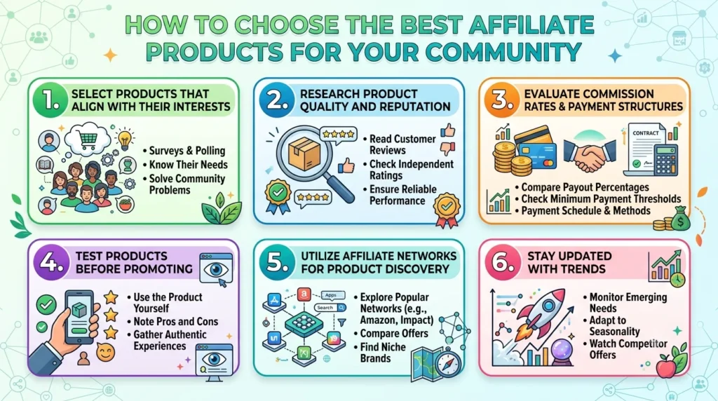 An infographic with a teal and orange color scheme and 6 steps to choosing affiliate products for a community, titled "HOW TO CHOOSE THE BEST AFFILIATE PRODUCTS FOR YOUR COMMUNITY".