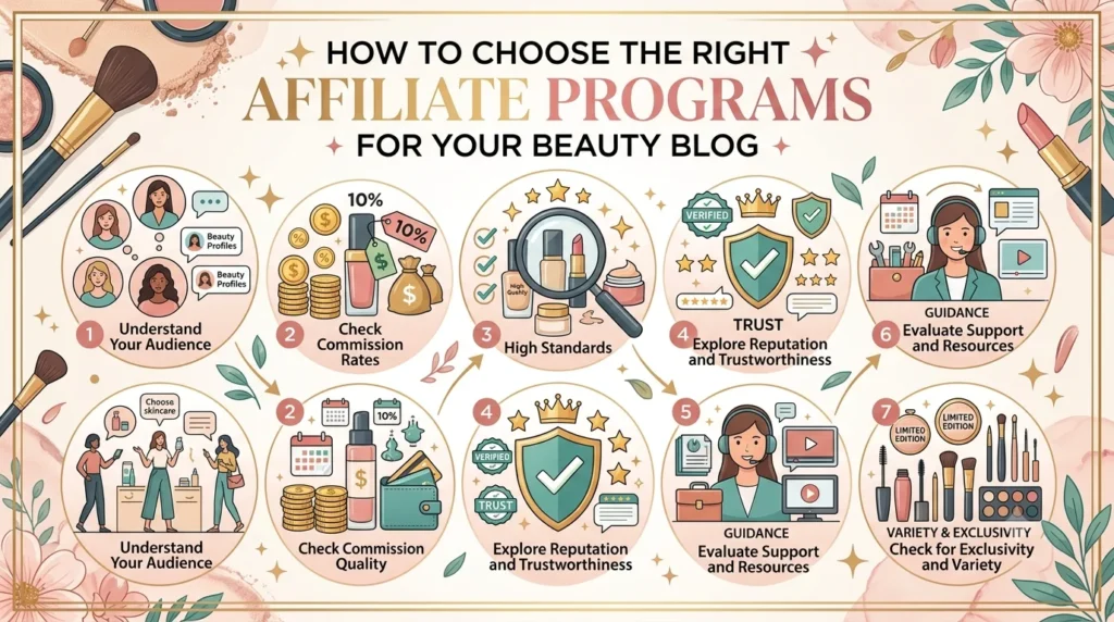An infographic guide titled "How to Choose the Right Affiliate Programs for Your Beauty Blog," featuring seven illustrated steps with beauty product icons and floral accents