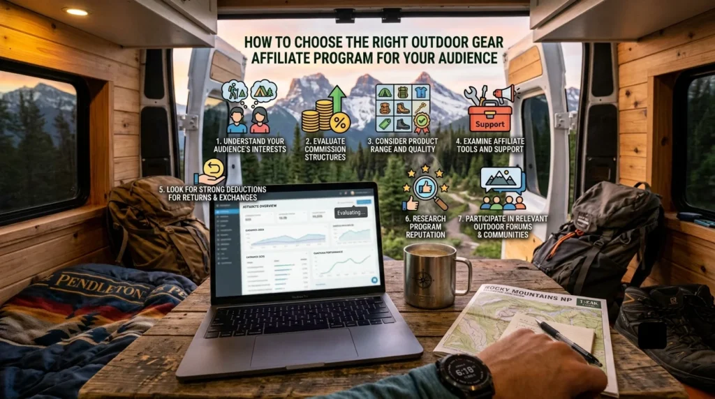 A camper van interior view featuring a laptop, mug, and map on a table, overlaid with an infographic showing seven tips for choosing outdoor gear affiliate programs.