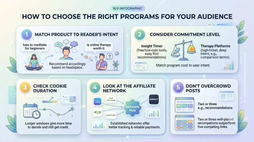 An infographic illustrating five strategies for choosing affiliate programs that match audience intent and maximize conversions.
