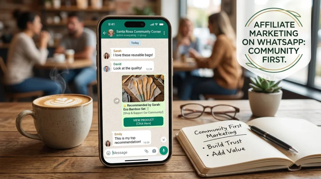 A smartphone on a cozy coffee shop table displays a friendly WhatsApp group chat with a product link card, alongside a hot latte, open notebook, and a sleek graphic reading "Affiliate Marketing on WhatsApp: Community First."